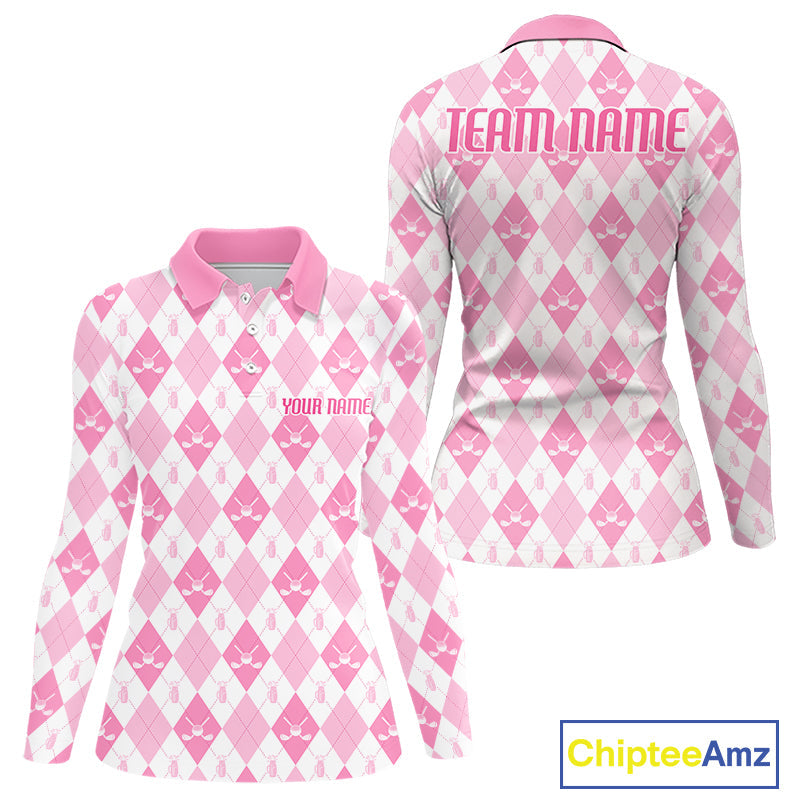 Golf Polo Shirt Custom White And Pink Argyle Plaid Pattern Golf Team Attire Golf Gifts
