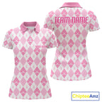 Golf Polo Shirt Custom White And Pink Argyle Plaid Pattern Golf Team Attire Golf Gifts