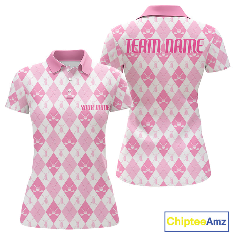 Golf Polo Shirt Custom White And Pink Argyle Plaid Pattern Golf Team Attire Golf Gifts