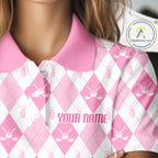 Golf Polo Shirt Custom White And Pink Argyle Plaid Pattern Golf Team Attire Golf Gifts