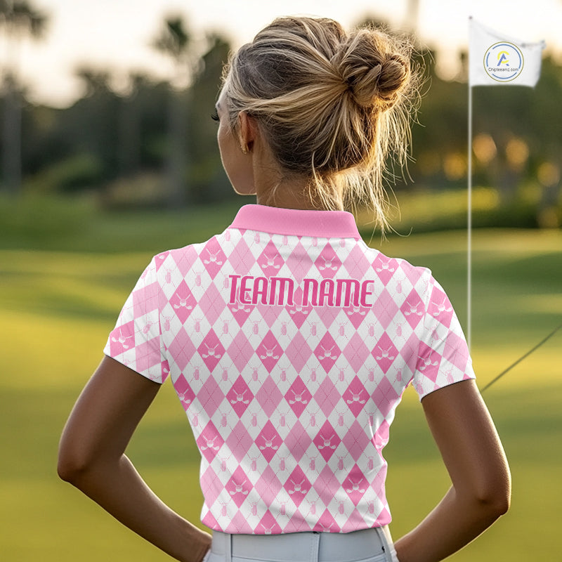 Golf Polo Shirt Custom White And Pink Argyle Plaid Pattern Golf Team Attire Golf Gifts