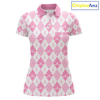Golf Polo Shirt Custom White And Pink Argyle Plaid Pattern Golf Team Attire Golf Gifts