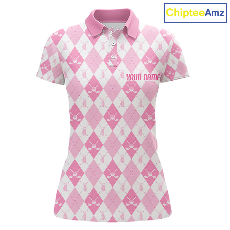 Golf Polo Shirt Custom White And Pink Argyle Plaid Pattern Golf Team Attire Golf Gifts
