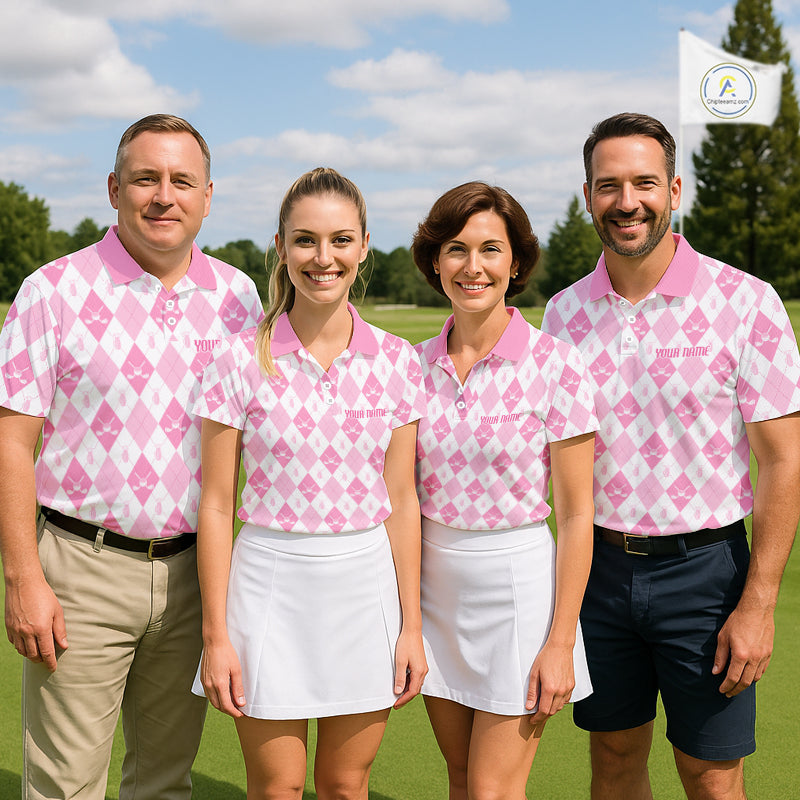 Golf Polo Shirt Custom White And Pink Argyle Plaid Pattern Golf Team Attire Golf Gifts
