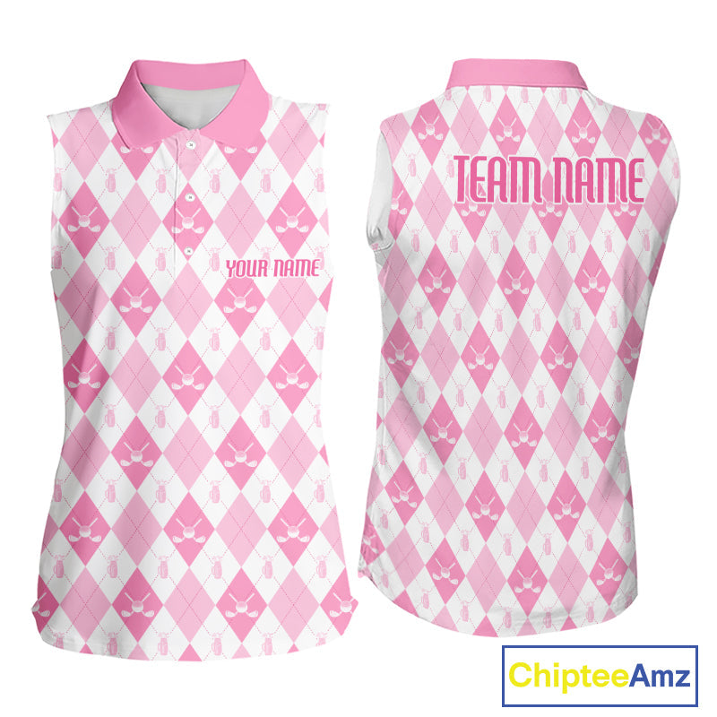 Golf Sleeveless Polo Shirt Custom White And Pink Argyle Plaid Pattern Golf Team Attire Golf Gifts