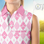 Golf Sleeveless Polo Shirt Custom White And Pink Argyle Plaid Pattern Golf Team Attire Golf Gifts