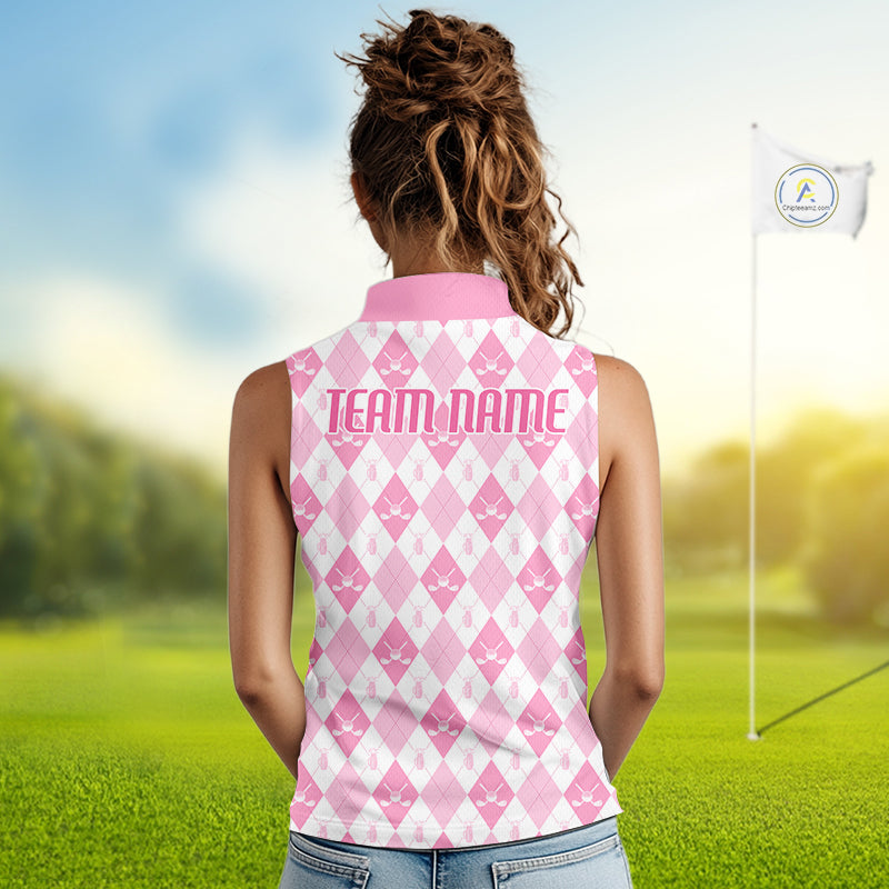Golf Sleeveless Polo Shirt Custom White And Pink Argyle Plaid Pattern Golf Team Attire Golf Gifts