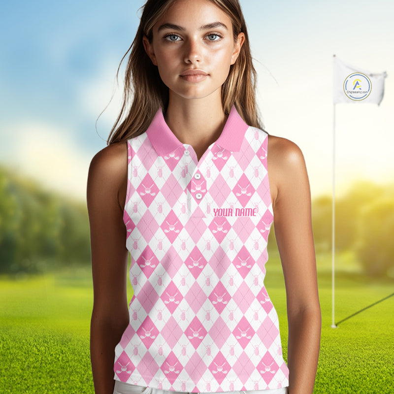 Golf Sleeveless Polo Shirt Custom White And Pink Argyle Plaid Pattern Golf Team Attire Golf Gifts