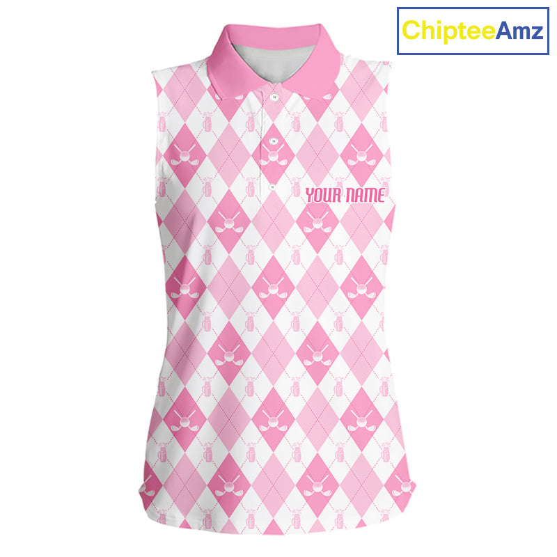 Golf Sleeveless Polo Shirt Custom White And Pink Argyle Plaid Pattern Golf Team Attire Golf Gifts