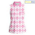 Golf Sleeveless Polo Shirt Custom White And Pink Argyle Plaid Pattern Golf Team Attire Golf Gifts