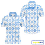 Golf Polo Shirt Custom White And Blue Argyle Plaid Pattern Golf Team Attire Golf Gifts