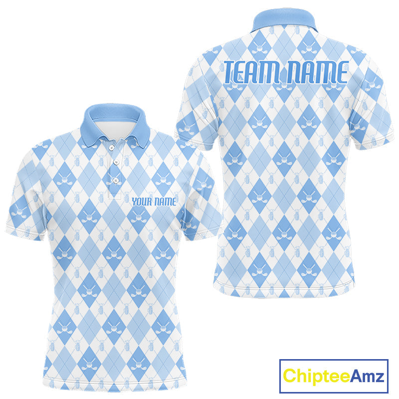 Golf Polo Shirt Custom White And Blue Argyle Plaid Pattern Golf Team Attire Golf Gifts
