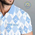 Golf Polo Shirt Custom White And Blue Argyle Plaid Pattern Golf Team Attire Golf Gifts