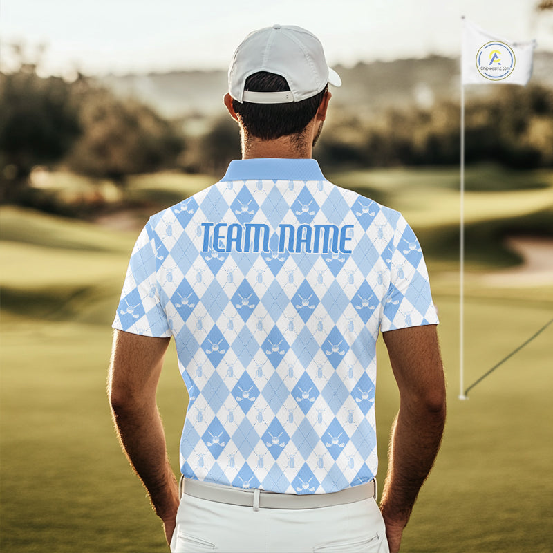 Golf Polo Shirt Custom White And Blue Argyle Plaid Pattern Golf Team Attire Golf Gifts