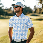 Golf Polo Shirt Custom White And Blue Argyle Plaid Pattern Golf Team Attire Golf Gifts