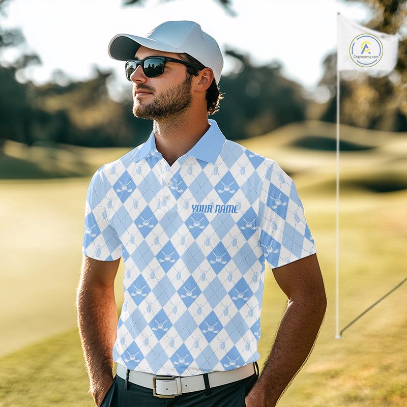 Golf Polo Shirt Custom White And Blue Argyle Plaid Pattern Golf Team Attire Golf Gifts