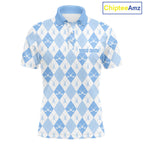 Golf Polo Shirt Custom White And Blue Argyle Plaid Pattern Golf Team Attire Golf Gifts