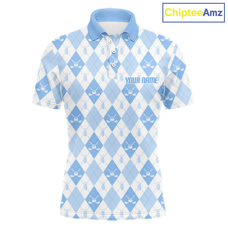 Golf Polo Shirt Custom White And Blue Argyle Plaid Pattern Golf Team Attire Golf Gifts