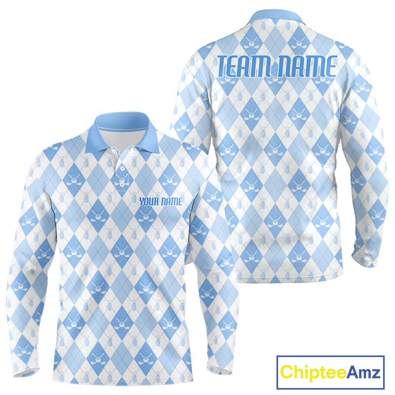 Golf Polo Shirt Custom White And Blue Argyle Plaid Pattern Golf Team Attire Golf Gifts
