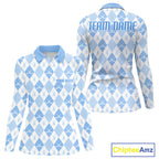 Golf Polo Shirt Custom White And Blue Argyle Plaid Pattern Golf Team Attire Golf Gifts