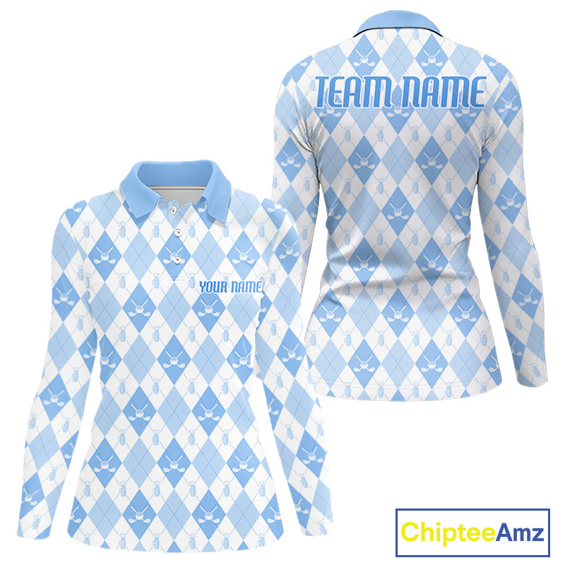 Golf Polo Shirt Custom White And Blue Argyle Plaid Pattern Golf Team Attire Golf Gifts