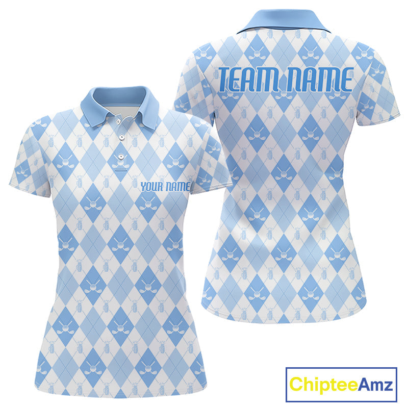 Golf Polo Shirt Custom White And Blue Argyle Plaid Pattern Golf Team Attire Golf Gifts