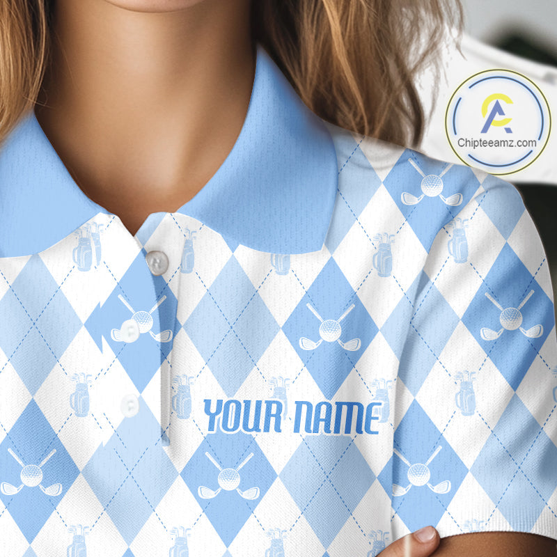 Golf Polo Shirt Custom White And Blue Argyle Plaid Pattern Golf Team Attire Golf Gifts