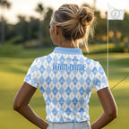 Golf Polo Shirt Custom White And Blue Argyle Plaid Pattern Golf Team Attire Golf Gifts