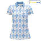 Golf Polo Shirt Custom White And Blue Argyle Plaid Pattern Golf Team Attire Golf Gifts