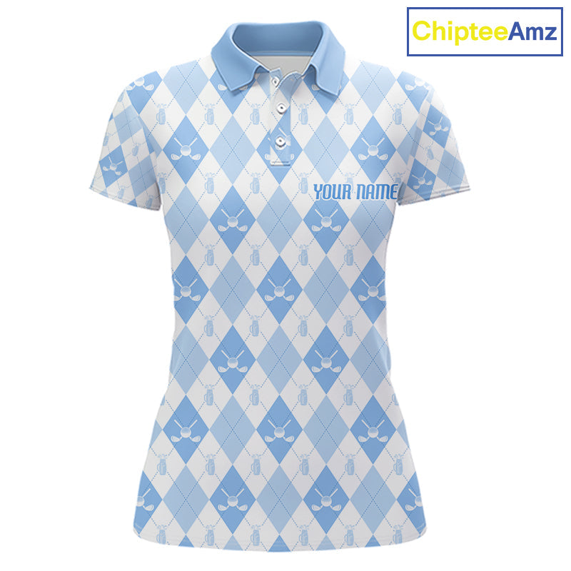 Golf Polo Shirt Custom White And Blue Argyle Plaid Pattern Golf Team Attire Golf Gifts
