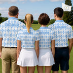 Golf Polo Shirt Custom White And Blue Argyle Plaid Pattern Golf Team Attire Golf Gifts