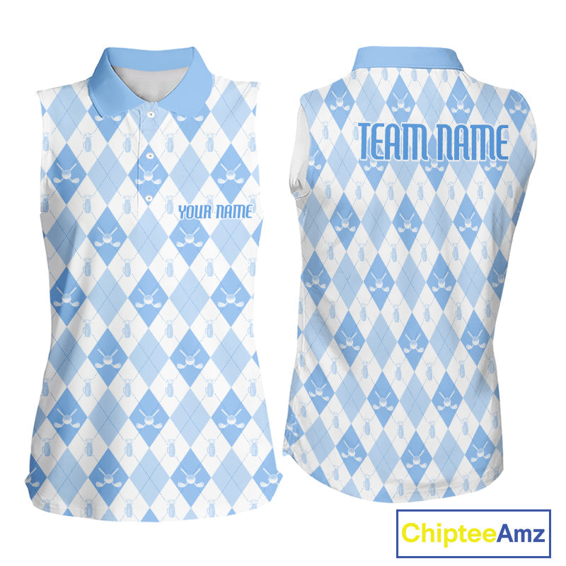 Golf Sleeveless Polo Shirt Custom White And Blue Argyle Plaid Pattern Golf Team Attire Golf Gifts