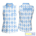 Golf Sleeveless Polo Shirt Custom White And Blue Argyle Plaid Pattern Golf Team Attire Golf Gifts