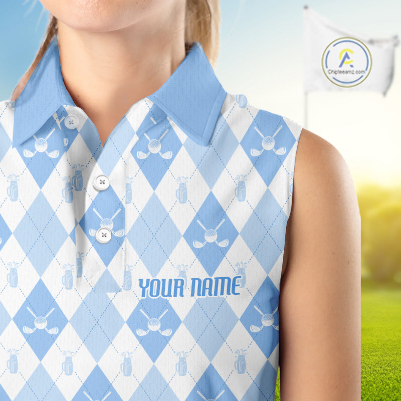 Golf Sleeveless Polo Shirt Custom White And Blue Argyle Plaid Pattern Golf Team Attire Golf Gifts