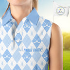 Golf Sleeveless Polo Shirt Custom White And Blue Argyle Plaid Pattern Golf Team Attire Golf Gifts