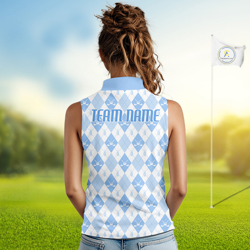 Golf Sleeveless Polo Shirt Custom White And Blue Argyle Plaid Pattern Golf Team Attire Golf Gifts