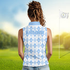 Golf Sleeveless Polo Shirt Custom White And Blue Argyle Plaid Pattern Golf Team Attire Golf Gifts