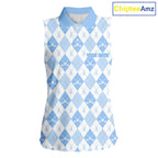 Golf Sleeveless Polo Shirt Custom White And Blue Argyle Plaid Pattern Golf Team Attire Golf Gifts
