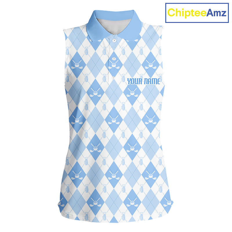 Golf Sleeveless Polo Shirt Custom White And Blue Argyle Plaid Pattern Golf Team Attire Golf Gifts