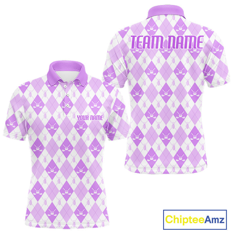 Golf Polo Shirt Custom White And Purple Argyle Plaid Pattern Golf Team Attire Golf Gifts