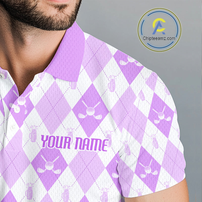 Golf Polo Shirt Custom White And Purple Argyle Plaid Pattern Golf Team Attire Golf Gifts