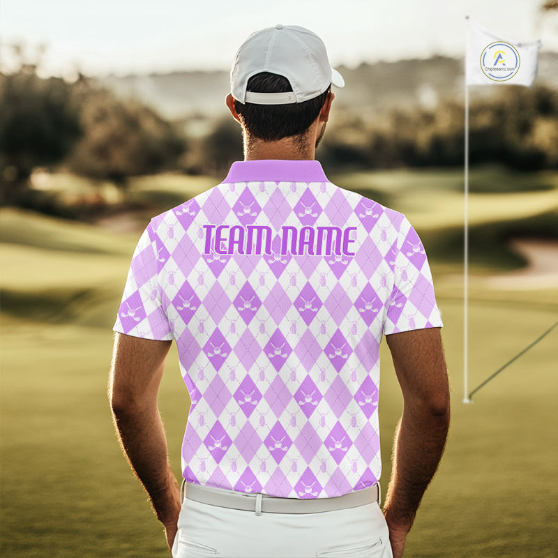 Golf Polo Shirt Custom White And Purple Argyle Plaid Pattern Golf Team Attire Golf Gifts