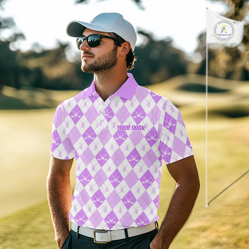 Golf Polo Shirt Custom White And Purple Argyle Plaid Pattern Golf Team Attire Golf Gifts