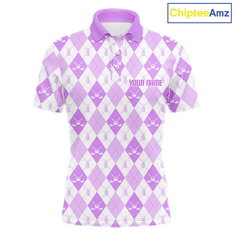 Golf Polo Shirt Custom White And Purple Argyle Plaid Pattern Golf Team Attire Golf Gifts