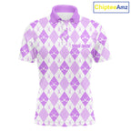 Golf Polo Shirt Custom White And Purple Argyle Plaid Pattern Golf Team Attire Golf Gifts