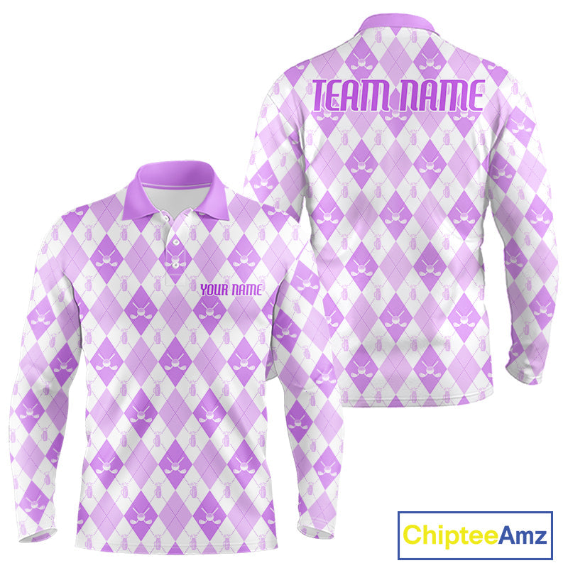 Golf Polo Shirt Custom White And Purple Argyle Plaid Pattern Golf Team Attire Golf Gifts