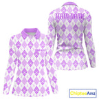 Golf Polo Shirt Custom White And Purple Argyle Plaid Pattern Golf Team Attire Golf Gifts