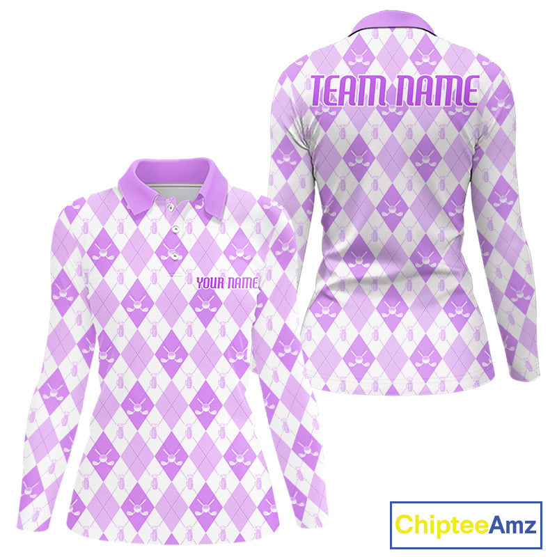 Golf Polo Shirt Custom White And Purple Argyle Plaid Pattern Golf Team Attire Golf Gifts