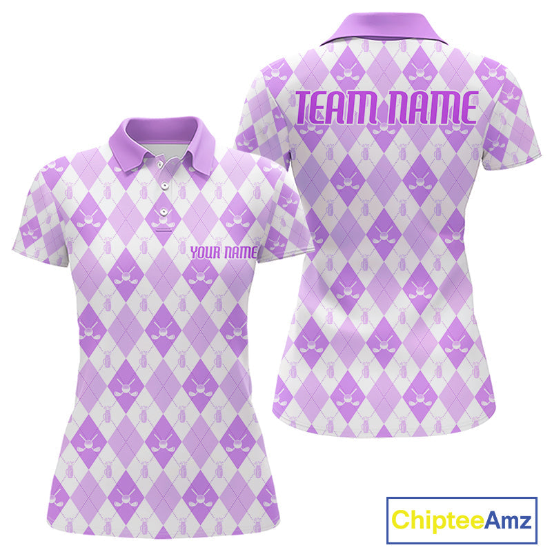 Golf Polo Shirt Custom White And Purple Argyle Plaid Pattern Golf Team Attire Golf Gifts