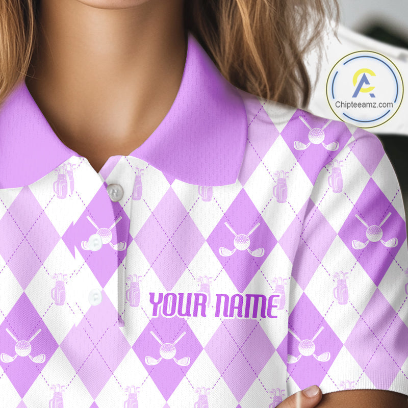 Golf Polo Shirt Custom White And Purple Argyle Plaid Pattern Golf Team Attire Golf Gifts